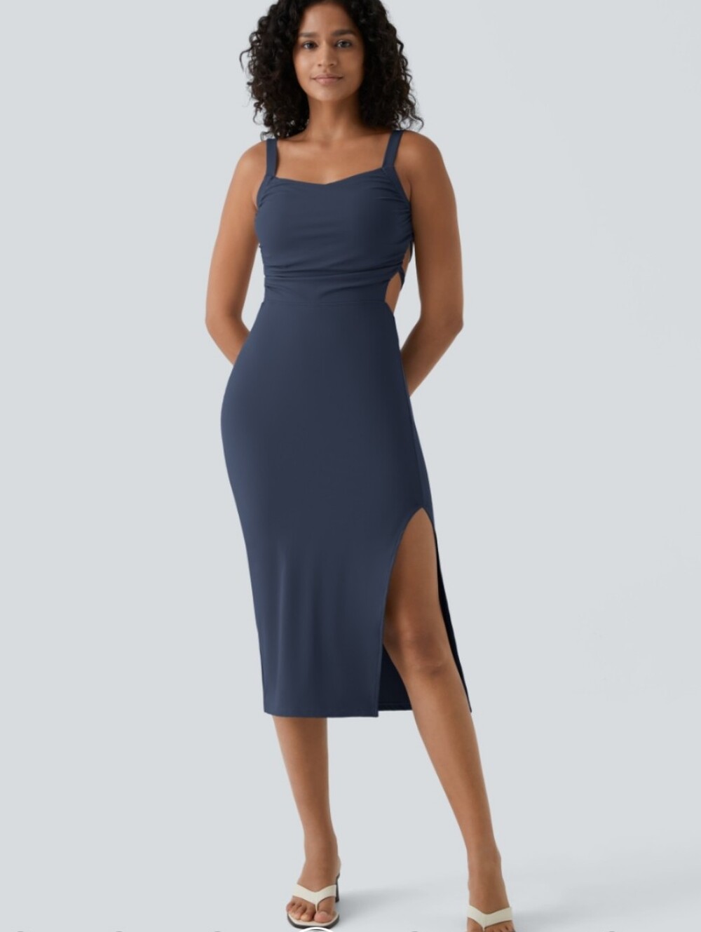 Halara Softly Zero Airy Ruched Lace Up Bodycon Midi Casual Dress